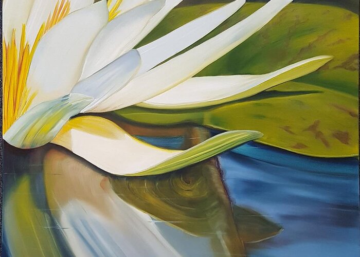 Large Water Lily Greeting Card featuring the painting Beneath The Water Lily by Connie Rish