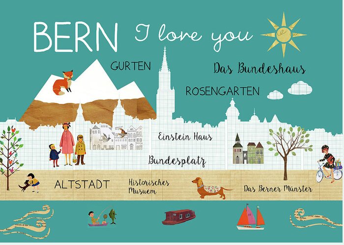 Bern I Love You Greeting Card featuring the mixed media Bern I love you by Claudia Schoen