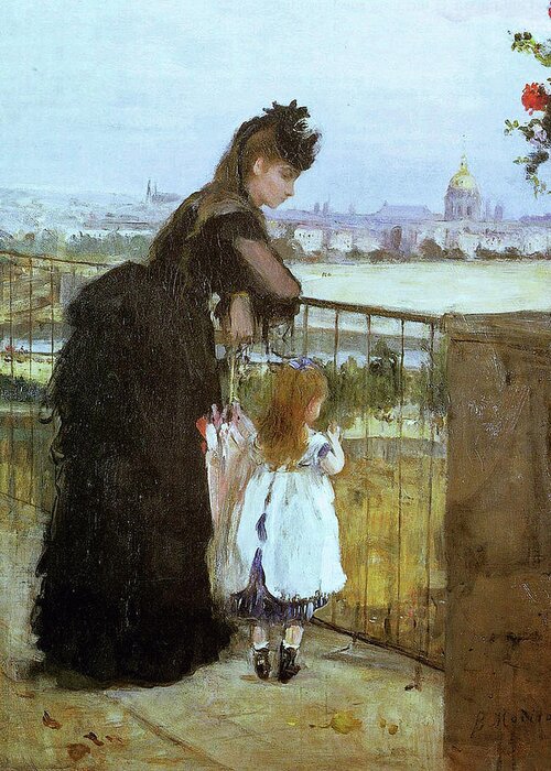 Berthe Morisot Greeting Card featuring the painting Berthe Morisot, Femme et enfant au balcon by Berthe Morisot