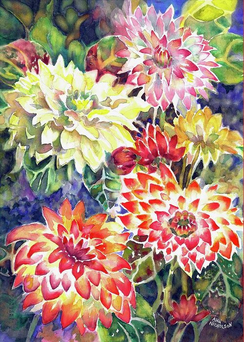 Watercolor Greeting Card featuring the painting bety's Dahlias by Ann Nicholson