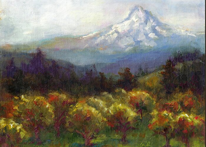 Mt. Greeting Card featuring the painting Beyond the Orchards - Mt. Hood by Talya Johnson