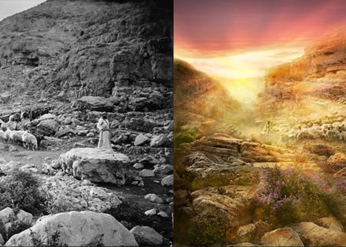 God Greeting Card featuring the photograph Bible - Psalm 23 - Yea, though I walk through the valley 1920 - Side by Side by Mike Savad