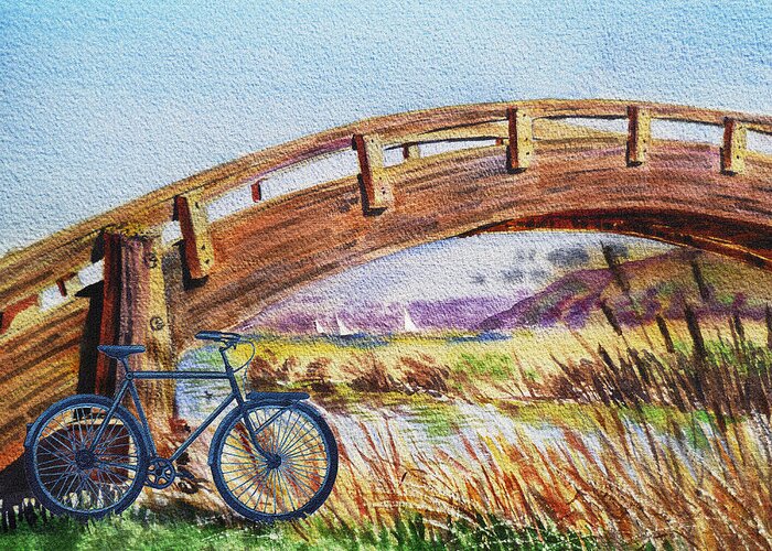 Bicycle Greeting Card featuring the painting Bicycle Bridge Marina by Irina Sztukowski