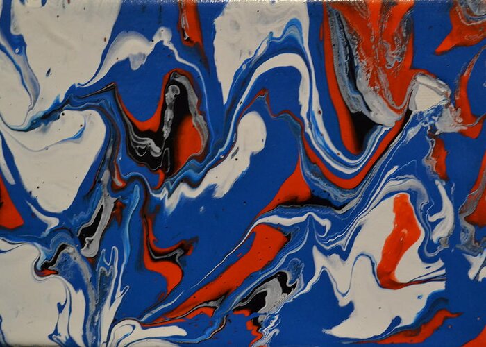A Abstract Painting Of Large Blue Waves With White Tips. The Waves Are Picking Up Red And Black Sand From The Beach. Some Of The Blue Waves Are Curling Over. Greeting Card featuring the painting Big Blue Waves by Martin Schmidt