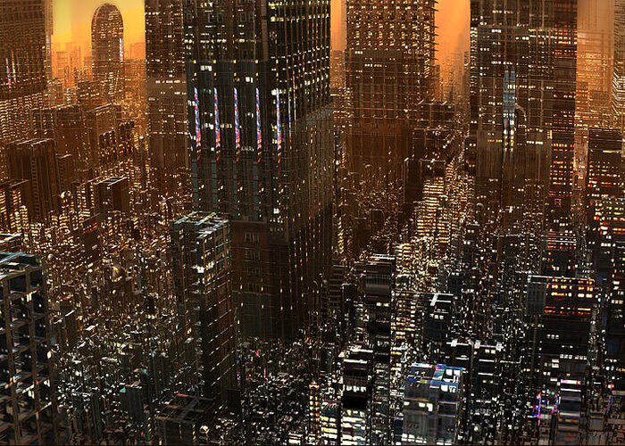 Sciencefiction Scifi Grunge Dystopian Fractal Fractalart Steampunk Mandelbulb3d Mandelbulb City Cityscape Greeting Card featuring the digital art Big City Sunset by Hal Tenny