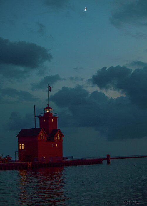 Michigan Greeting Card featuring the photograph Big Red Lighthouse Holland Michigan With Crescent Moon by Ken Figurski