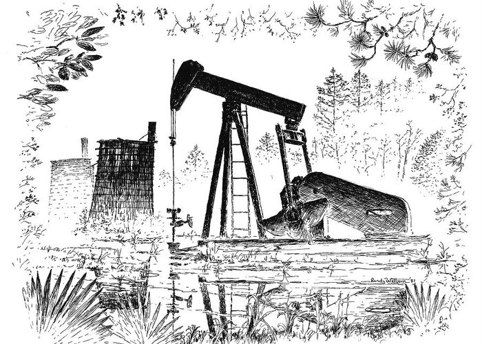 Big Thicket Greeting Card featuring the drawing Big Thicket Oilfield by Randy Welborn