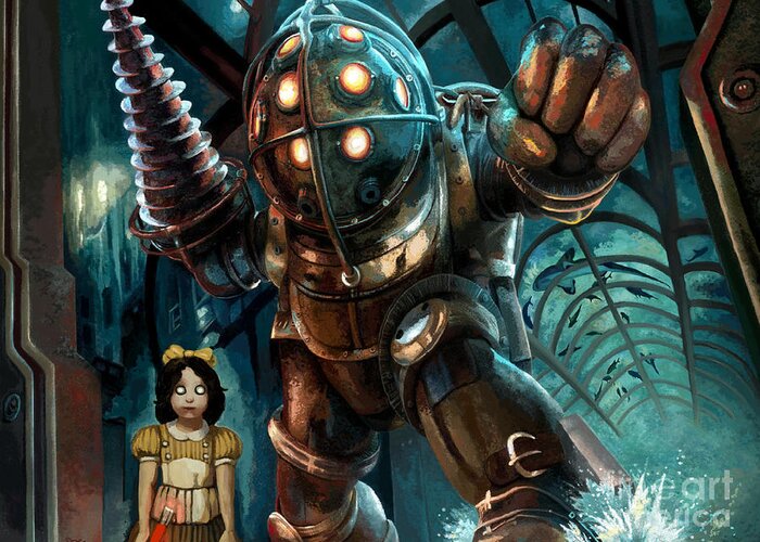 Bioshock Greeting Card featuring the painting Bioshock Big Daddy and Little Sister Swimming with the Sharks by Jackie Case