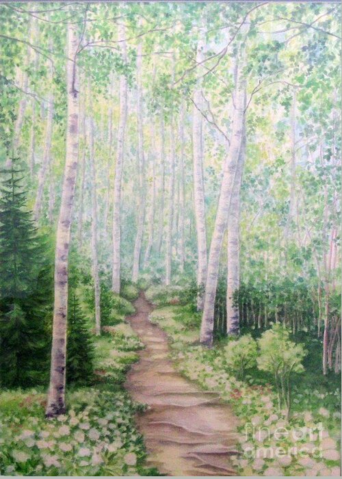 Nature Watercolor Greeting Card featuring the painting Birch Path by Inese Poga