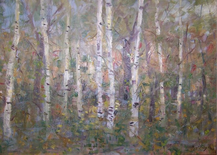 Landscape With Birches. Upstate Ny Greeting Card featuring the painting Birches. by Bart DeCeglie
