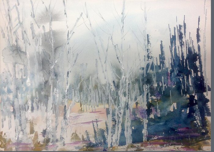 Watercolour Landscape Painting Greeting Card featuring the painting Birches in Haze naim's Enchatned Forest by Desmond Raymond