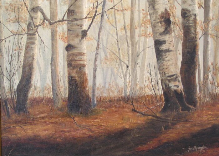 Burnt Orange Greeting Card featuring the painting Birches by Jan Byington