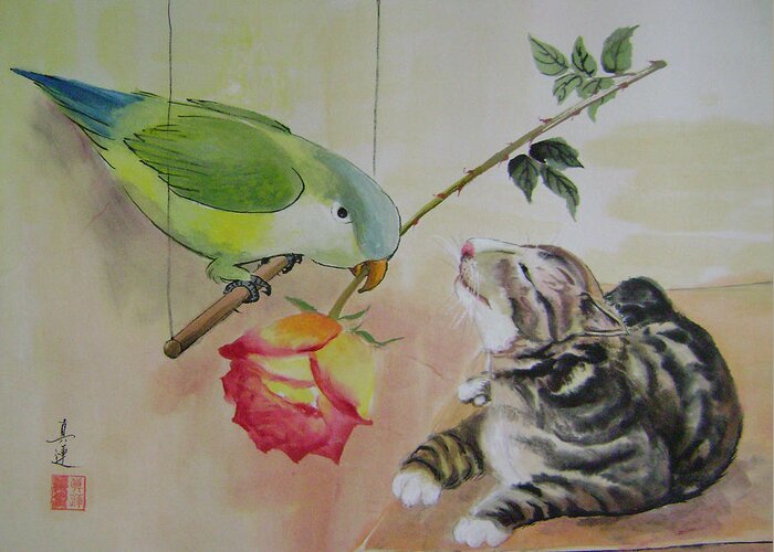 Cats Greeting Card featuring the painting Bird courtship by Lian Zhen