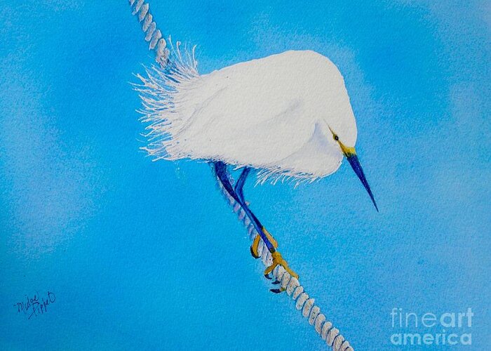Blue Greeting Card featuring the painting Bird on a Wire by Midge Pippel
