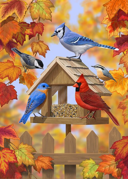 Wild Birds Greeting Card featuring the digital art Bird Painting - Autumn Aquaintances by Crista Forest