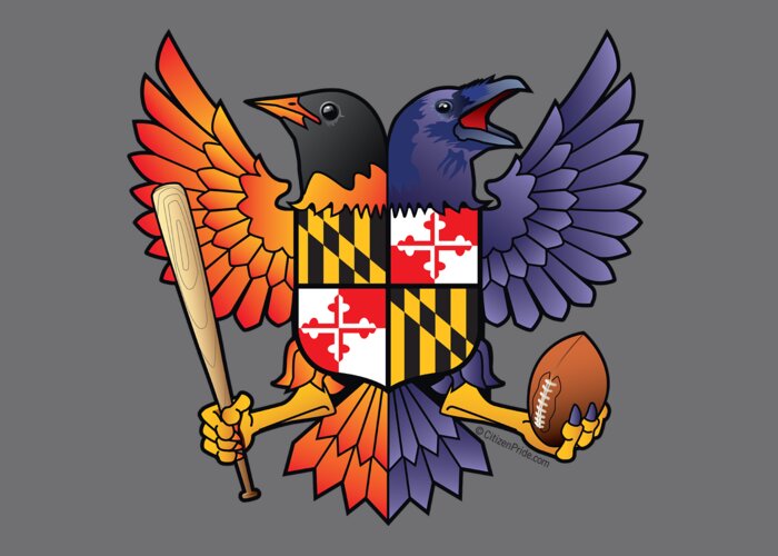 Birdland Greeting Card featuring the digital art Birdland Baltimore Raven and Oriole Maryland Shield by Joe Barsin