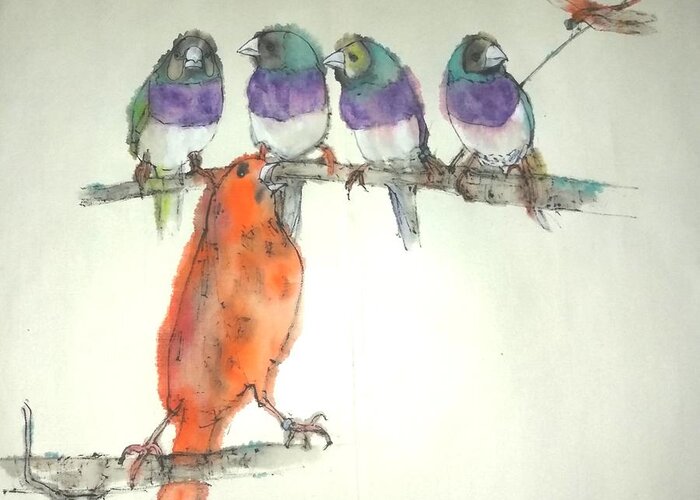 Birds. Finch. Canary. Red. Singer Greeting Card featuring the painting Birds Birds Birds Album by Debbi Saccomanno Chan