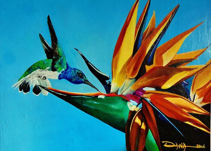 Birds Greeting Card featuring the painting Birds of Paradise with White necked Jacobin hummingbird by Dana Newman