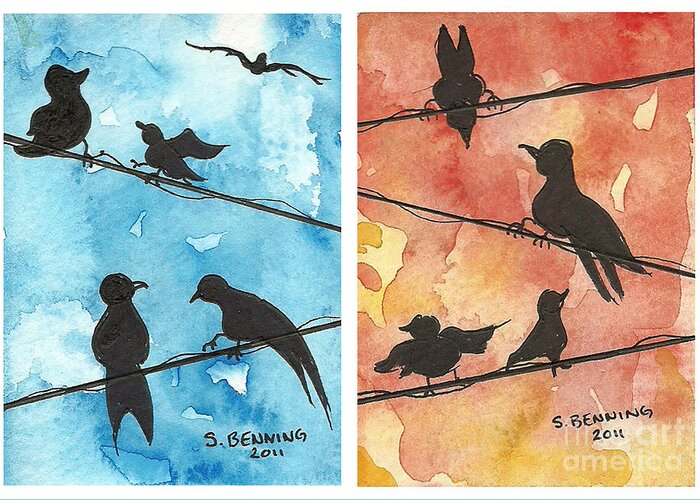 Bird Greeting Card featuring the painting Birds On A Wire by Sarah Benning