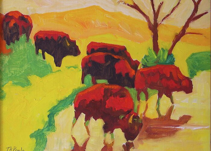 Bison Art Greeting Card featuring the painting Bison Art Bison Crossing Stream Yellow Hill painting Bertram Poole by Thomas Bertram POOLE