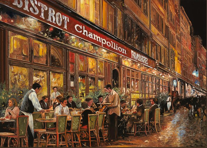 Street Scene Greeting Card featuring the painting Bistrot Champollion di notte by Guido Borelli