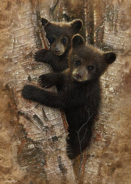Bear Art Greeting Card featuring the painting Black Bear Cubs - Curious Cubs by Collin Bogle