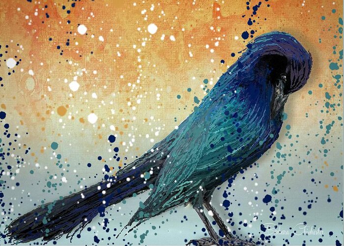 Black Bird Greeting Card featuring the painting Black Bird Paint Splatter by Barbara Chichester