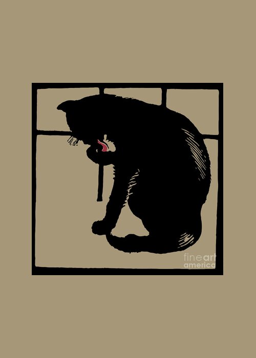  Black Greeting Card featuring the drawing Black cat modern woodcut style by Heidi De Leeuw