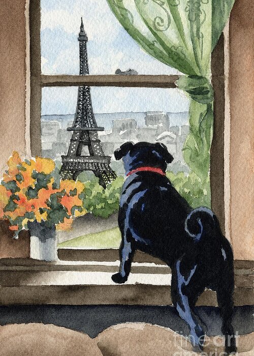 Black Greeting Card featuring the painting Black Pug In Paris by David Rogers