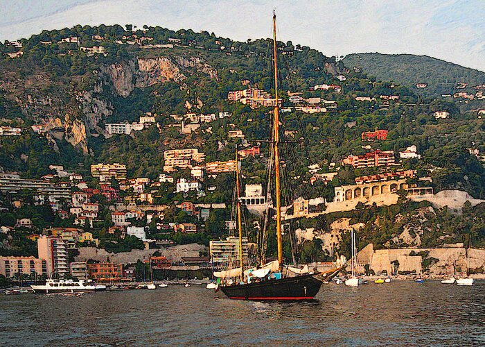 Villefranche Greeting Card featuring the photograph Black Sailboat At Villefranche II by Steven Sparks