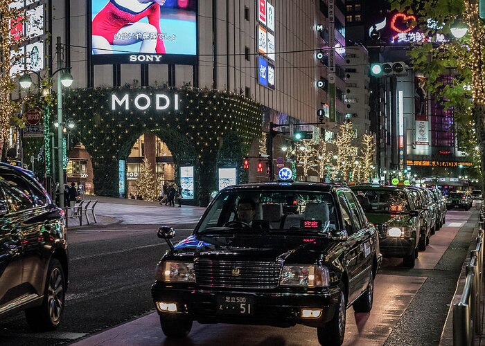People Greeting Card featuring the photograph Black Taxi in Tokyo, Japan by Perry Rodriguez