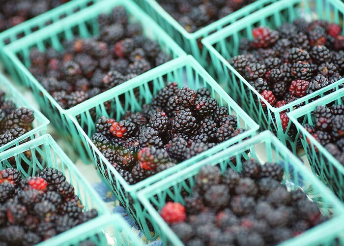 Baskets Of Blackberries For Sale At The Farmers' Market. Greeting Card featuring the photograph Blackberry Baskets by Todd Klassy