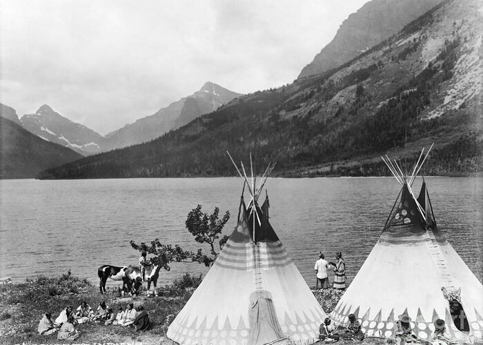 1910s Greeting Card featuring the photograph Blackfoot Encampment. by Granger