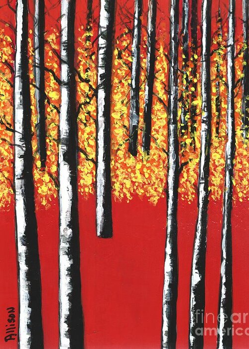 #trees #birches #forests #woods #woodlands #red #yellow #blackandwhite Greeting Card featuring the painting Blazing Birches by Allison Constantino