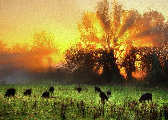 North Carolina Greeting Card featuring the digital art Blazing Sunrise over a Farm Pasture Horizontal AP by Dan Carmichael
