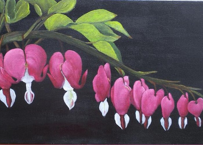 Bleeding Hearts Greeting Card featuring the painting Bleeding Hearts by Marti Idlet