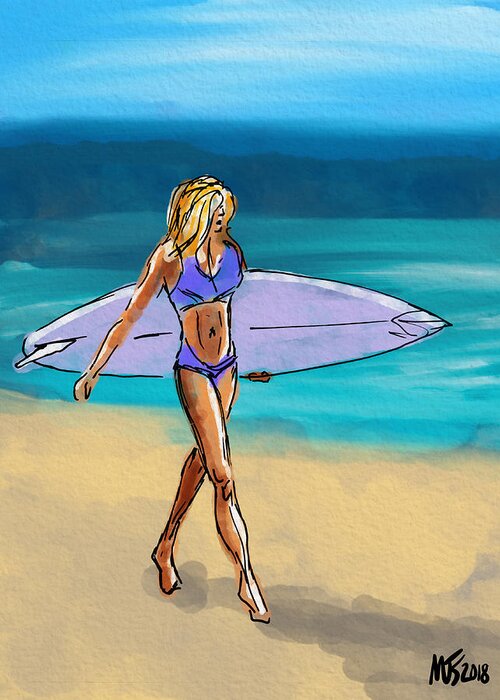 Surfing Greeting Card featuring the digital art Blonde Surfer by Michael Kallstrom