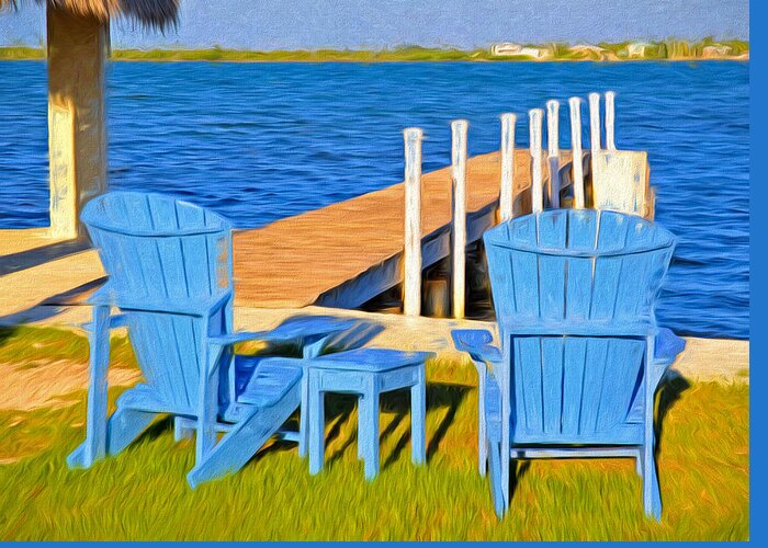Parmer\'s Greeting Card featuring the photograph Blue Adirondack Chairs at Dock in Keys by Ginger Wakem