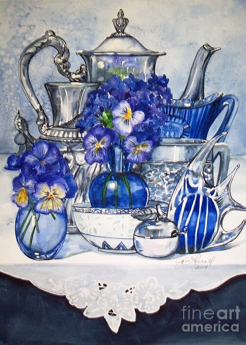 Silver Greeting Card featuring the painting Blue and Silver by Jane Loveall