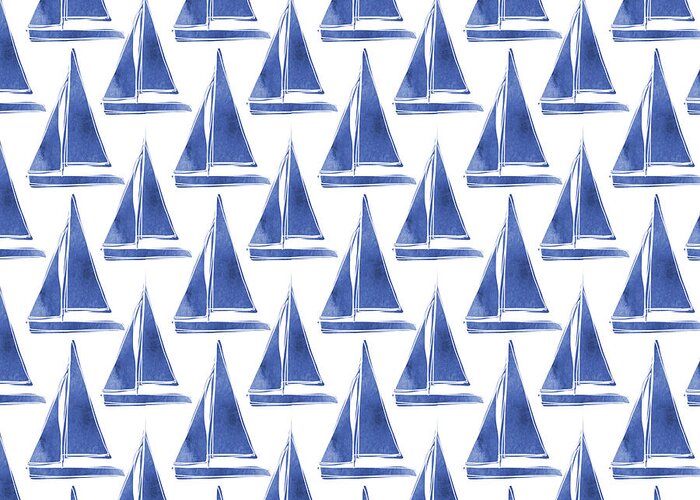 Boats Greeting Card featuring the digital art Blue and White Sailboats Pattern- Art by Linda Woods by Linda Woods