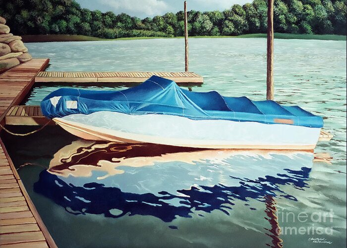 Blue Boat Greeting Card featuring the painting Blue Boat by Christopher Shellhammer