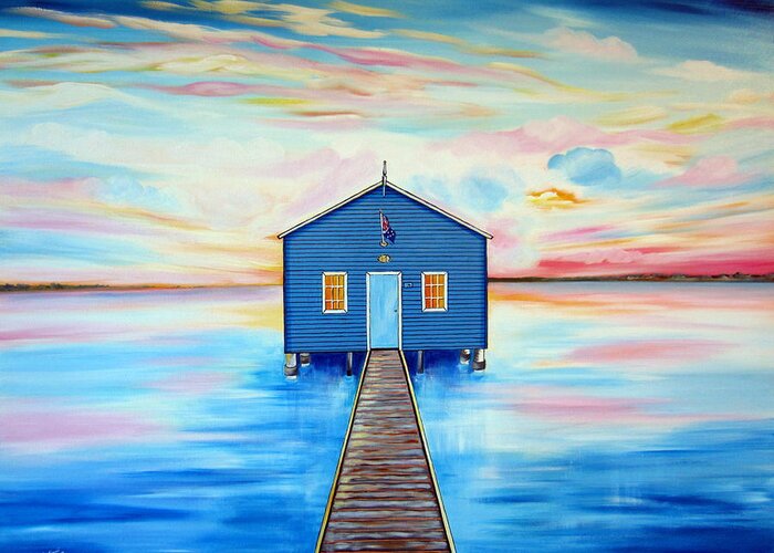 Swan River Greeting Card featuring the painting Blue Boat Shed by the Swan River Perth by Roberto Gagliardi