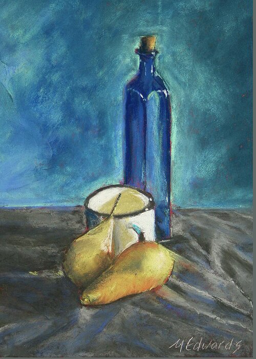 Hard Pastel Greeting Card featuring the painting Blue Bottle and Pears by Marna Edwards Flavell