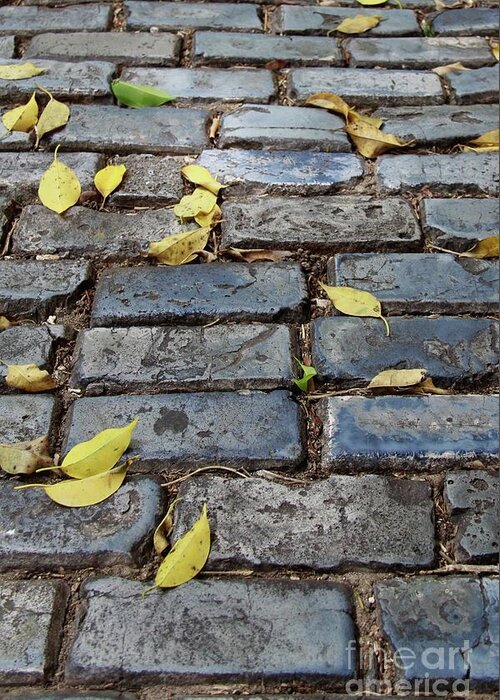 Blue Greeting Card featuring the photograph Blue Bricks With Yellow 2 by Suzanne Oesterling