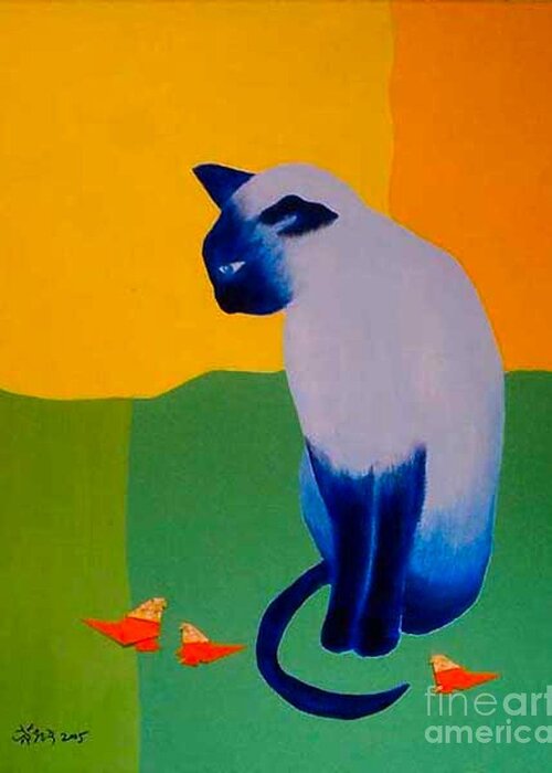 Painting Greeting Card featuring the painting Blue cat by Wonju Hulse