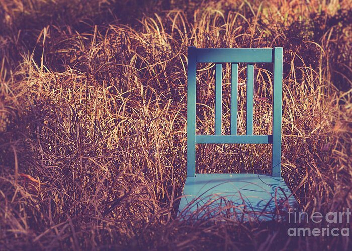 New Hampshire Greeting Card featuring the photograph Blue chair out in a field of talll grass by Edward Fielding