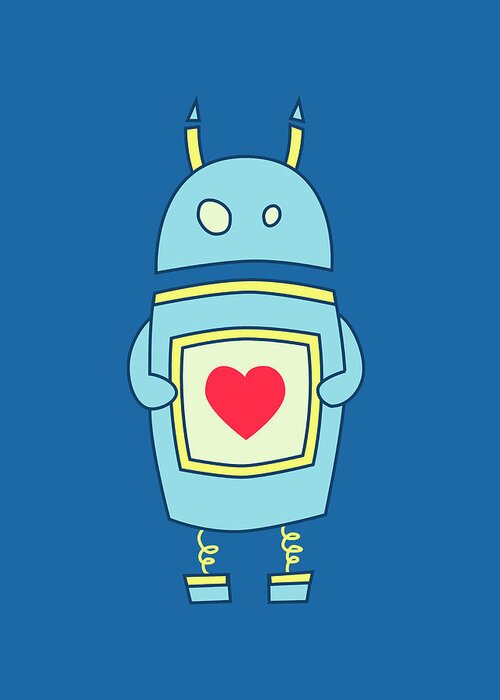 Blue Greeting Card featuring the digital art Blue Cute Clumsy Robot With Heart by Boriana Giormova
