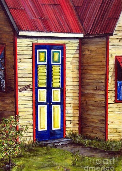 Caribbean Greeting Card featuring the painting Blue Door by AMD Dickinson