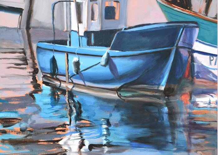 Water Greeting Card featuring the painting Blue Fishing Boat by Donna Tuten