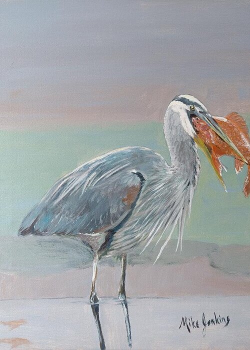 Blue Heron Greeting Card featuring the painting Blue Heron the Thief by Mike Jenkins